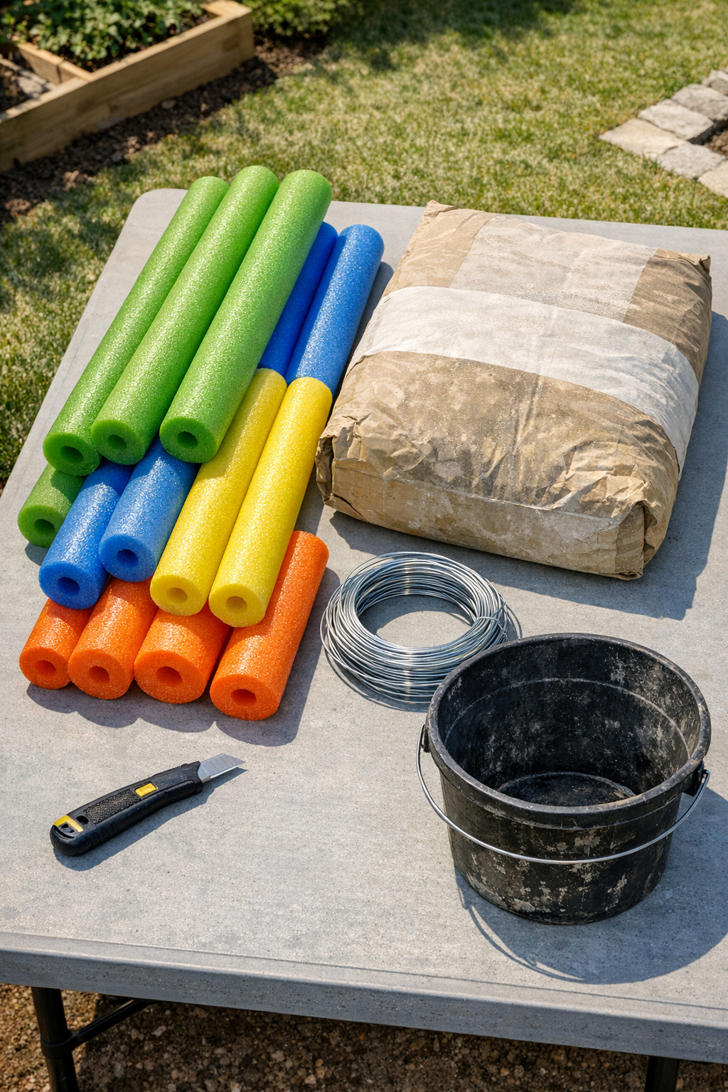 Pool noodles, cement, and wire laid out for making curved yard borders
