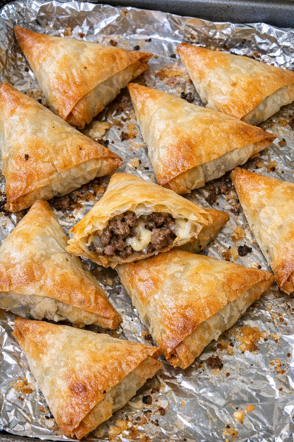 Golden beef phyllo triangles baked until crisp