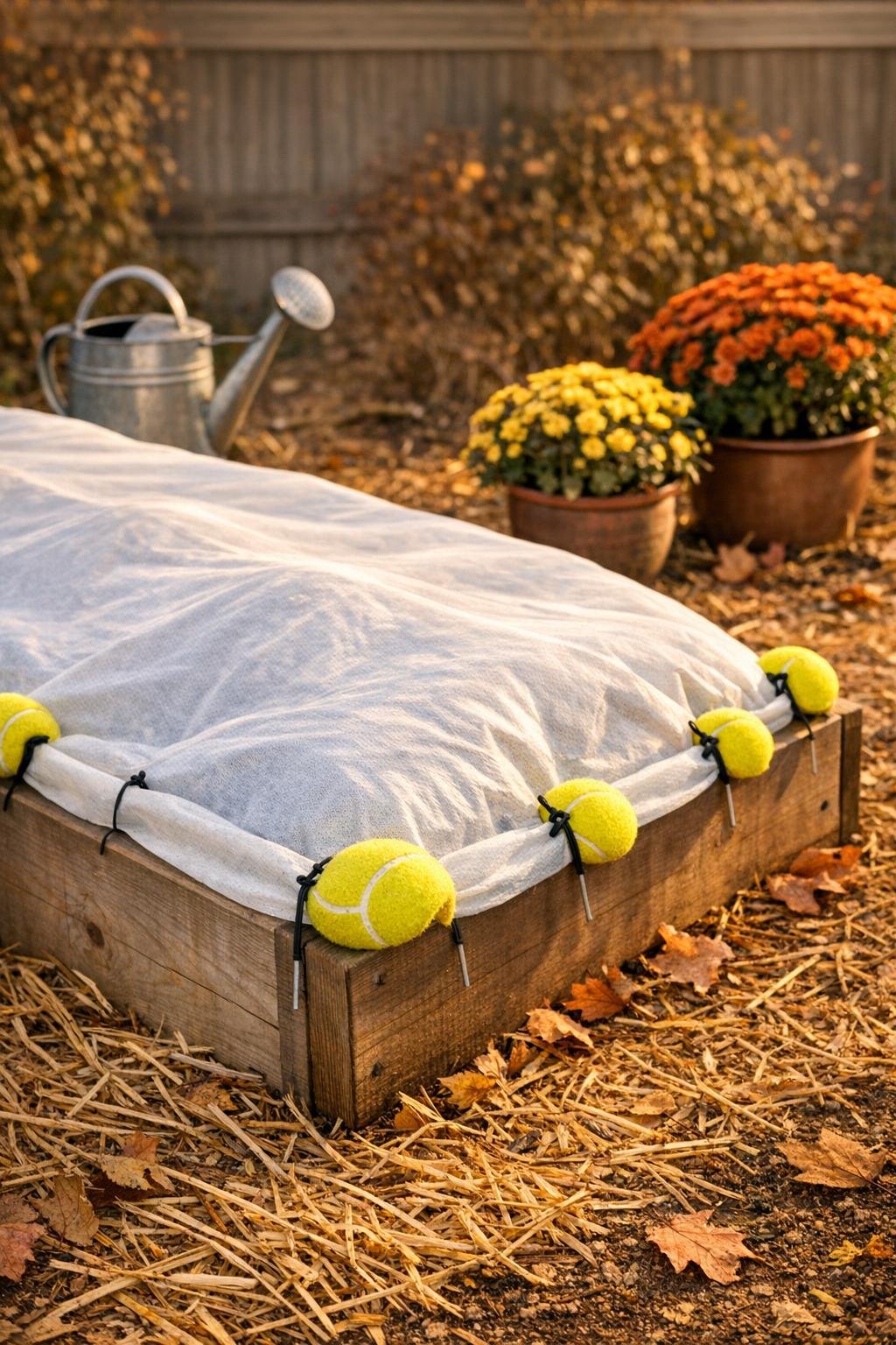 Finished raised bed protective cover anchored with tennis ball holders