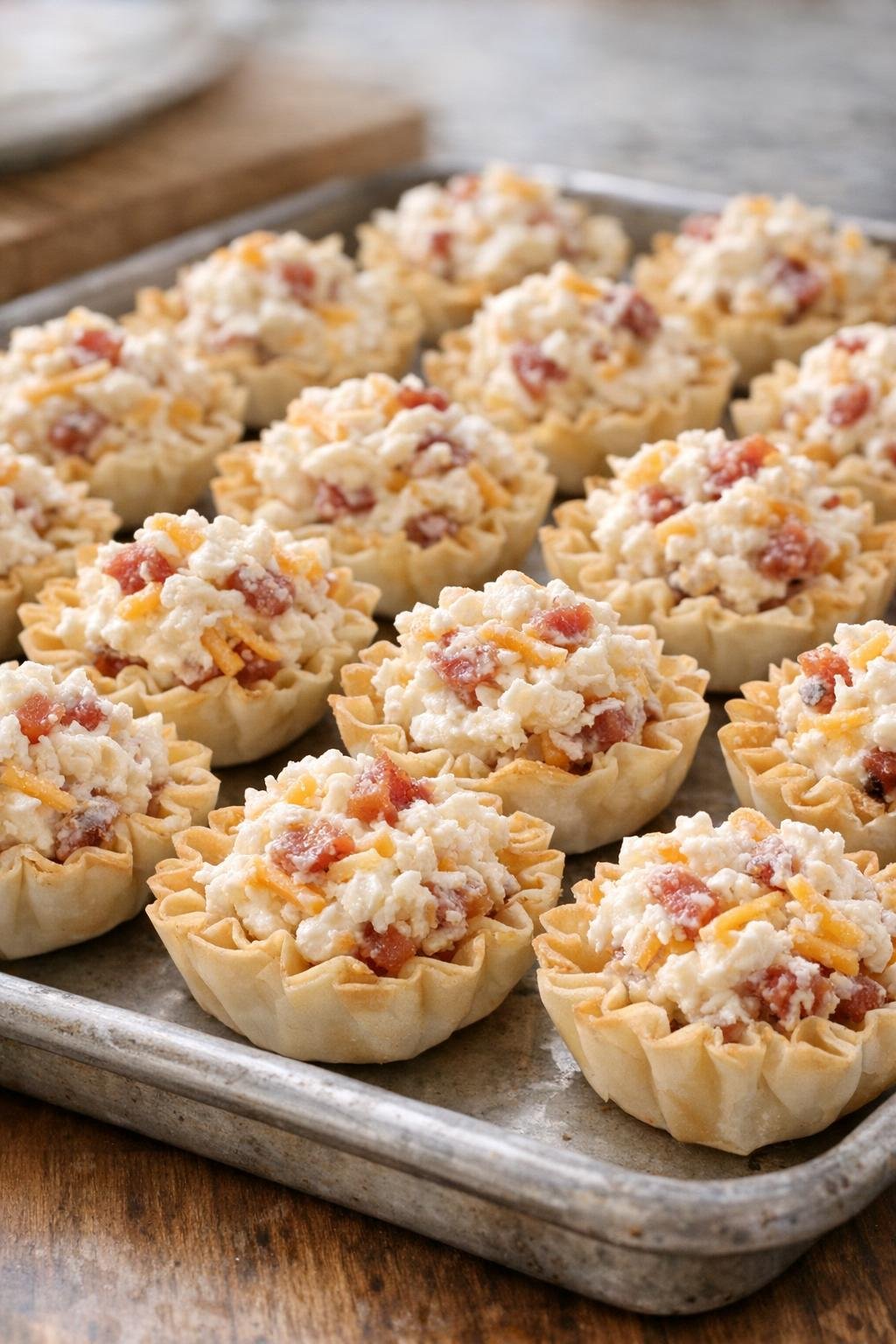 Filled phyllo cups ready to bake