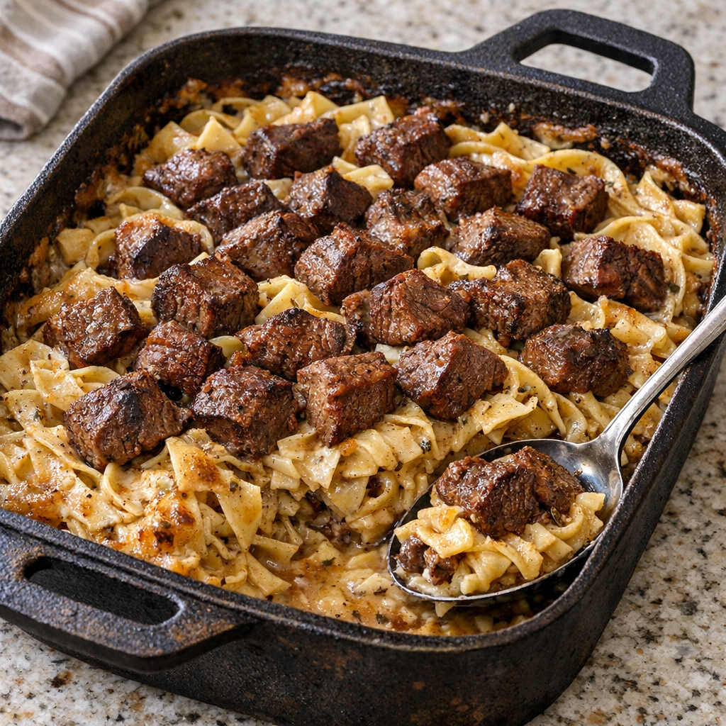 Finished Amish chuck roast noodle casserole in a cast iron roasting pan