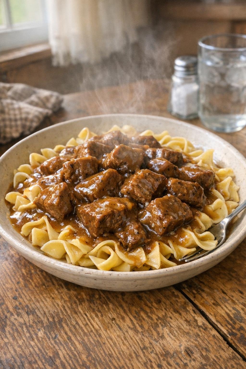 Finished plated beef tips and noodles
