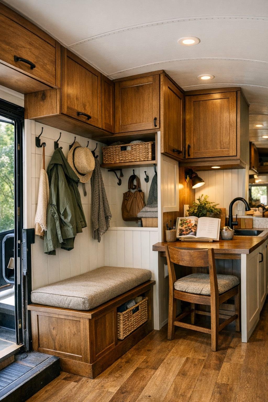 Functional bus entry and storage area with bench, hooks, and small desk nook