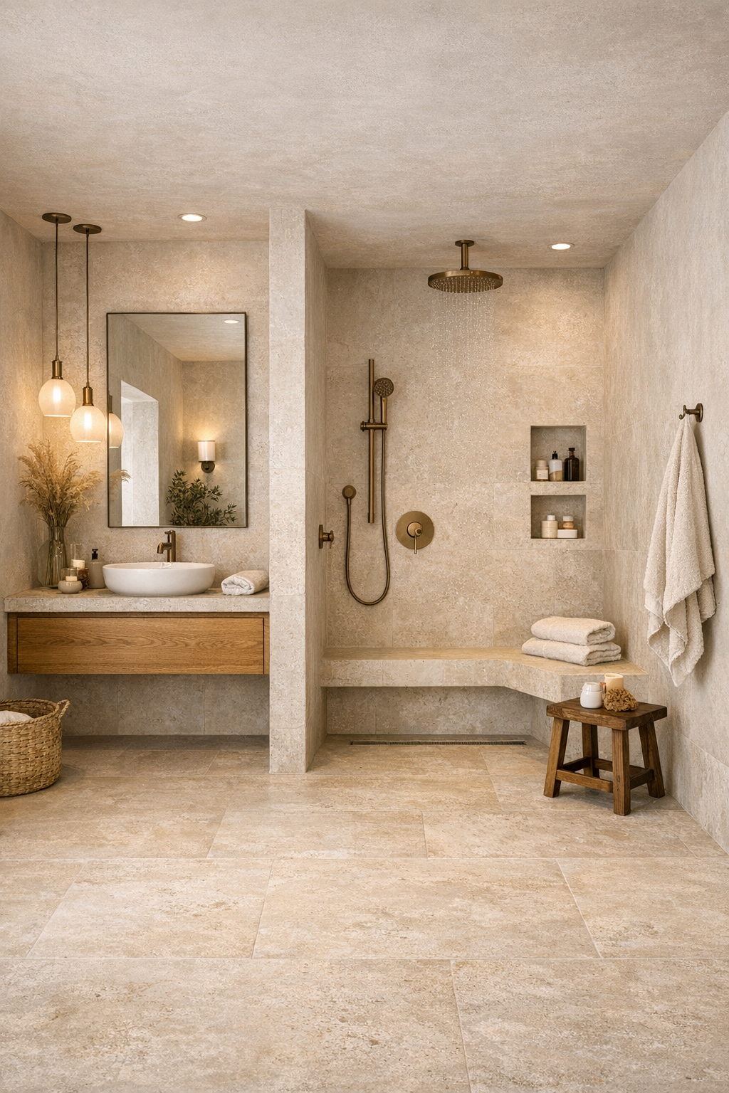 Spa-like barrier-free bathroom with curbless shower and limestone finishes