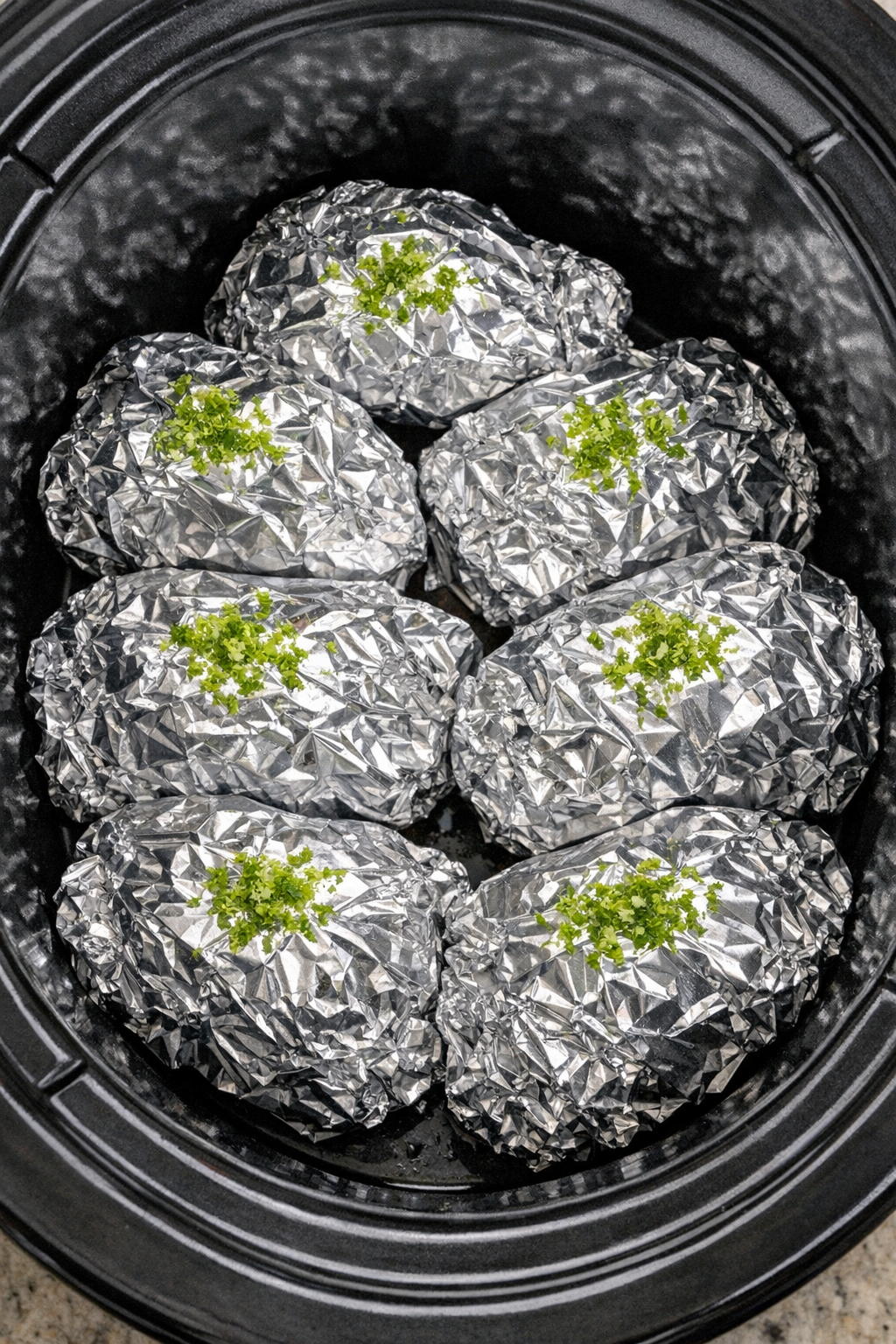 Slow cooker chili lime beef foil packets in a black slow cooker