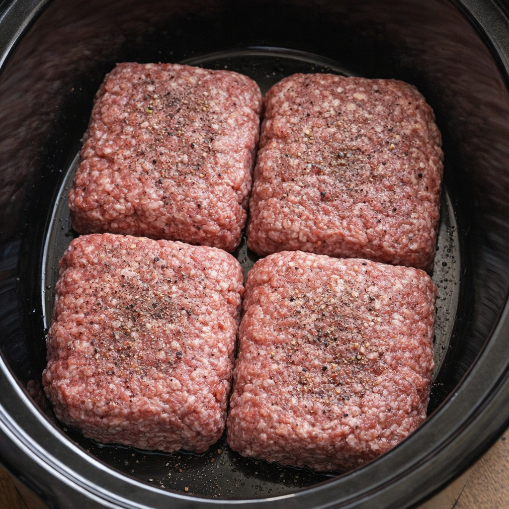 Raw rectangular beef patties arranged in the bottom of a slow cooker
