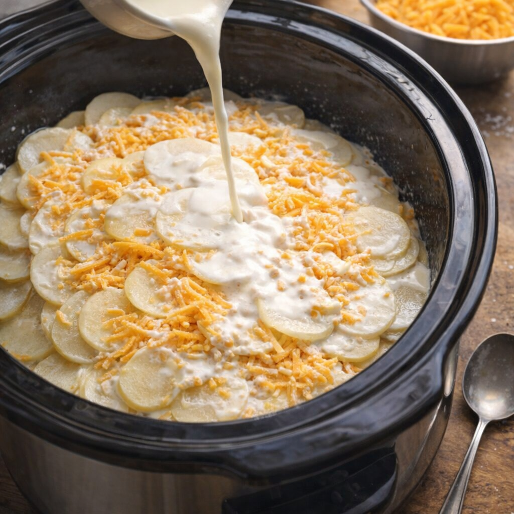 Layering potatoes and cheese in a slow cooker
