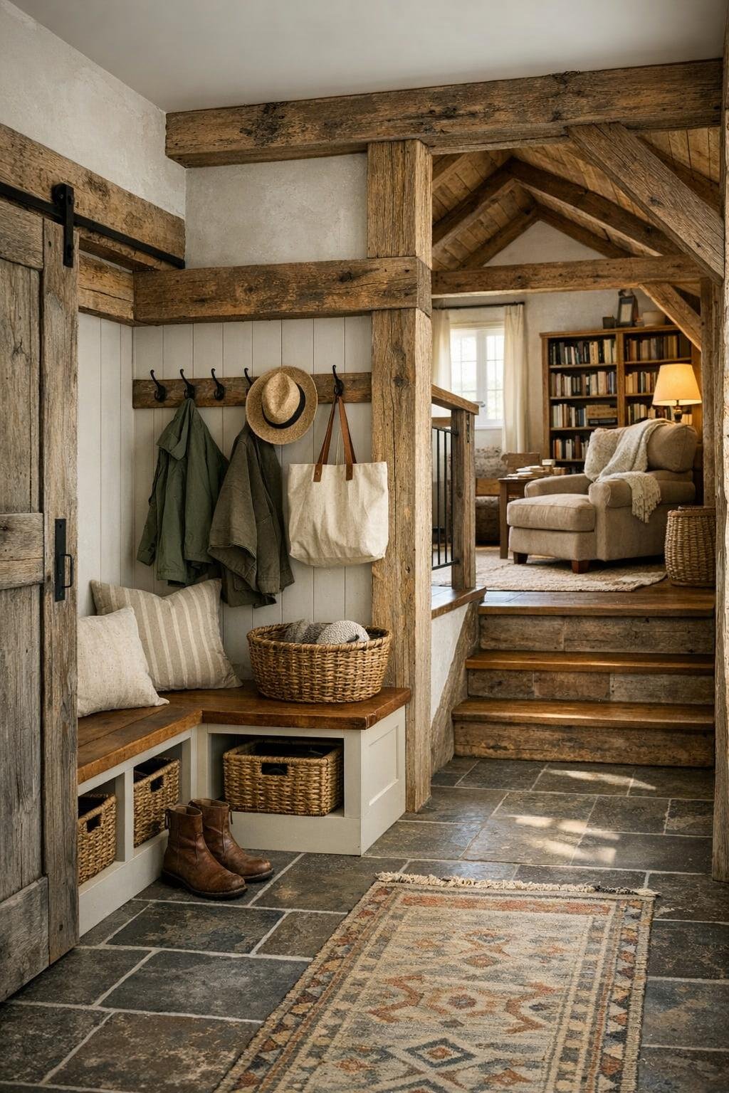 Mudroom and loft-style secondary spaces with built-ins, rustic materials, and practical farmhouse charm