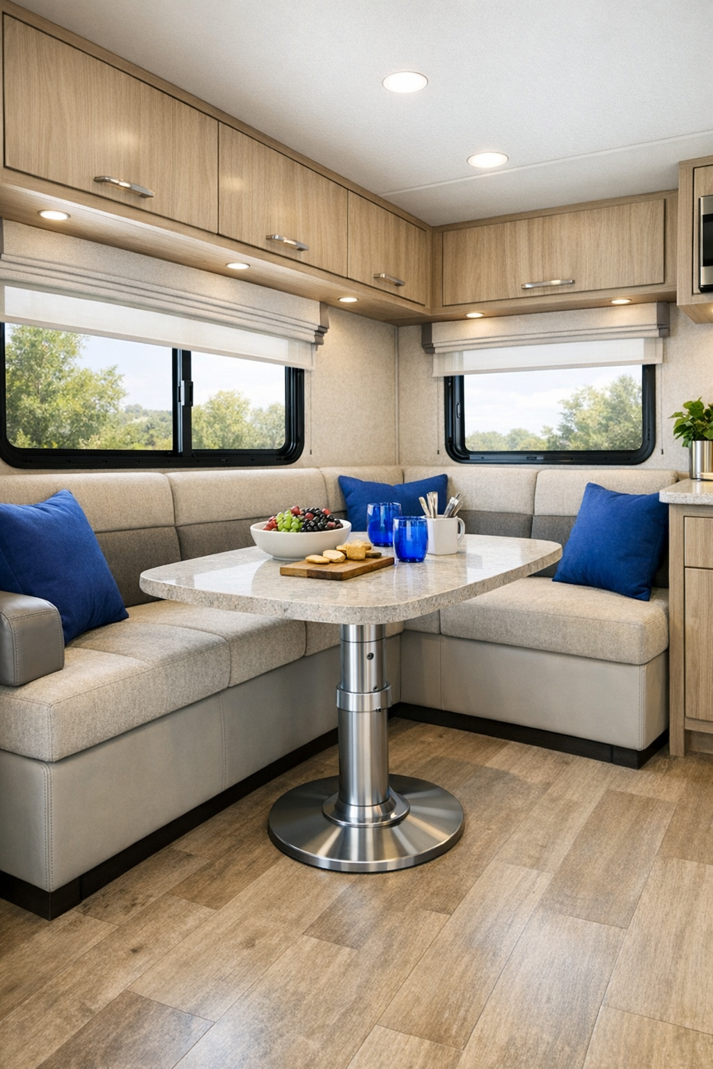 RV dining area with accessible pedestal table, upholstered seating, light wood finishes, and cobalt accents