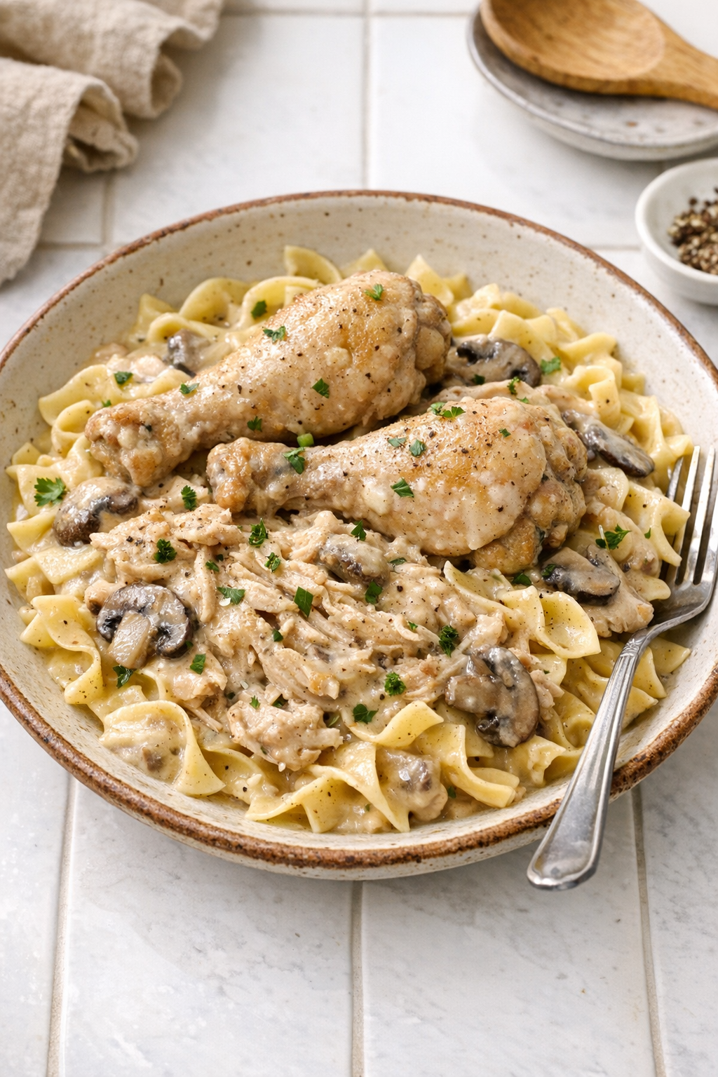 Finished creamy mushroom chicken pasta plated in a rustic bowl
