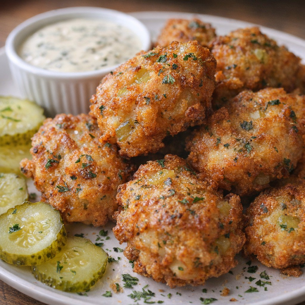 Plated dill pickle chicken fritters with dipping sauce