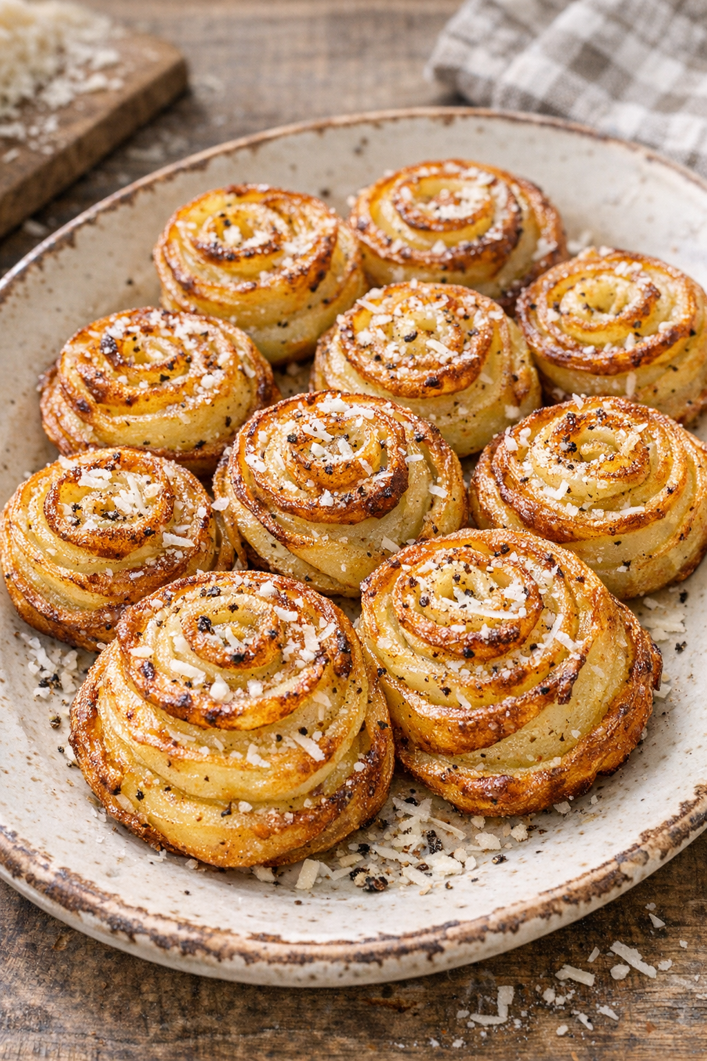Seasoned potato pinwheels with parmesan and pepper