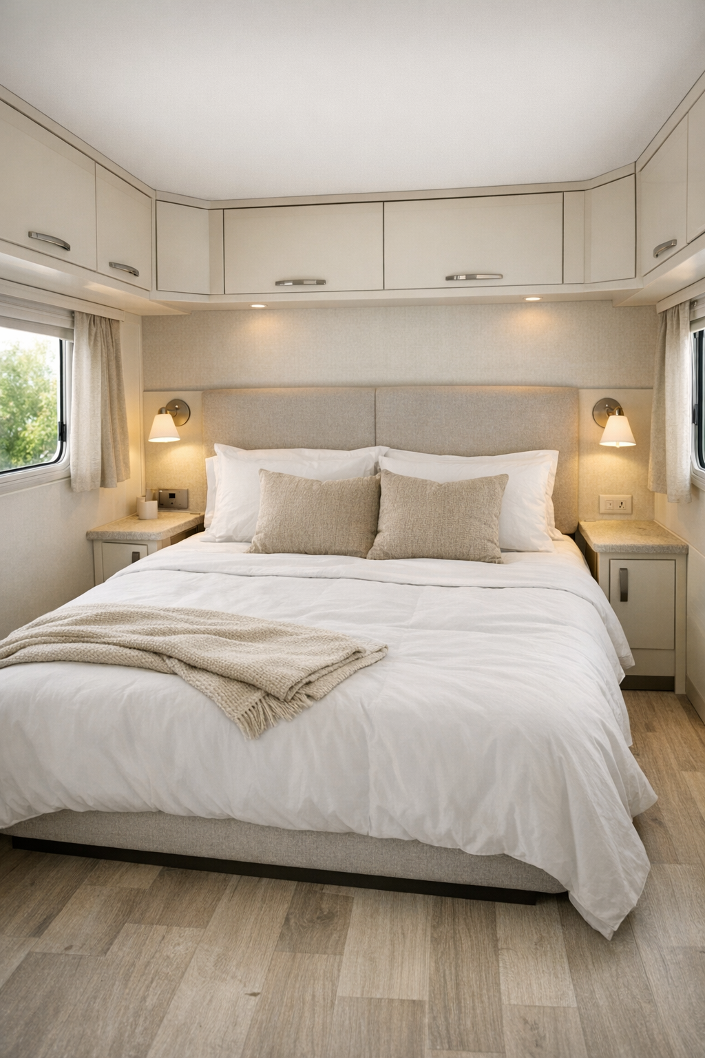 Calm RV camper bedroom with upholstered headboard and cream storage