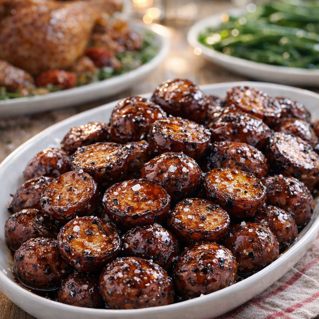 Slow cooker balsamic baby potatoes on a holiday table
