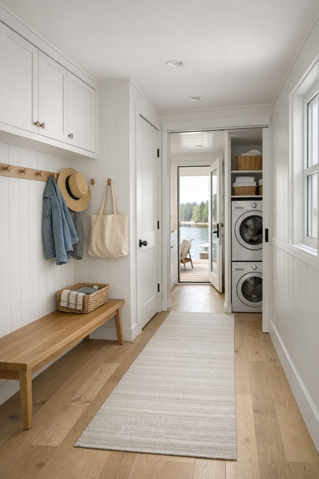 Thoughtful entry and hallway with built-in storage and oak bench
