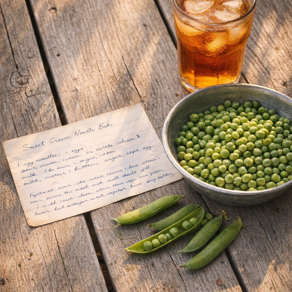 Old handwritten recipe card beside shelled peas on a porch table