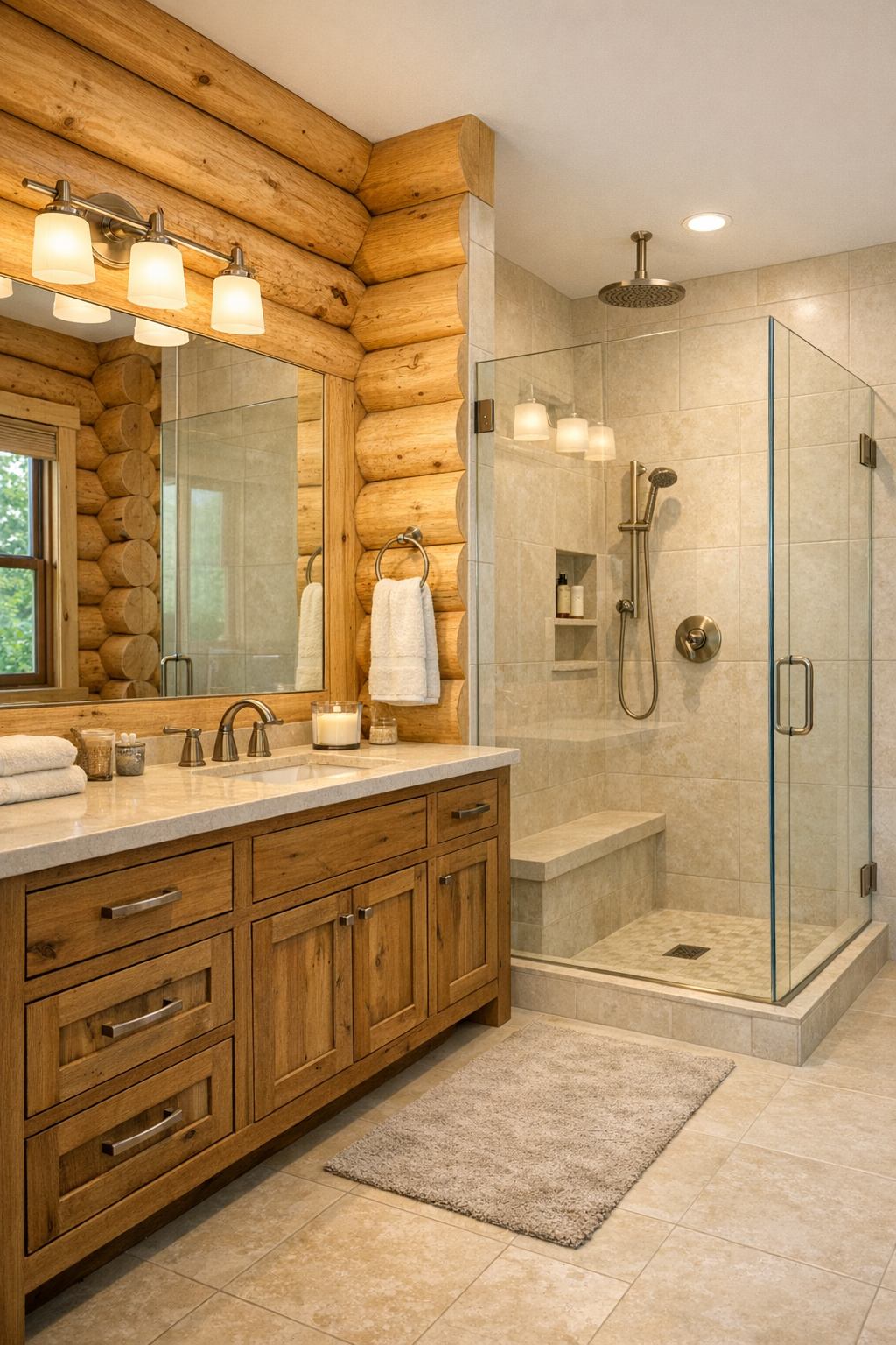 Bathroom with custom wood vanity, pale stone countertop, and glass walk-in shower