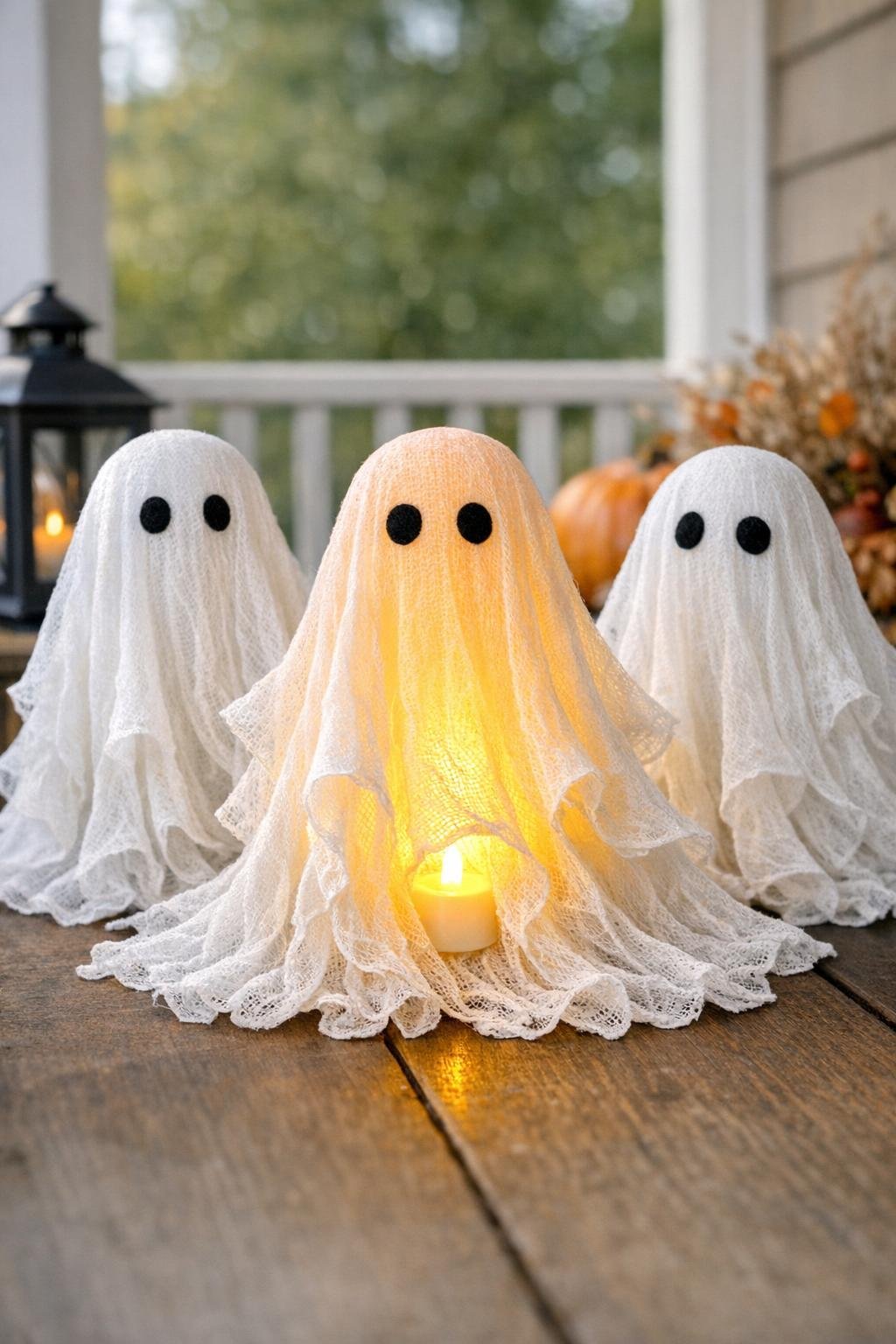 Finished stiffened cheesecloth porch ghosts standing with black felt eyes