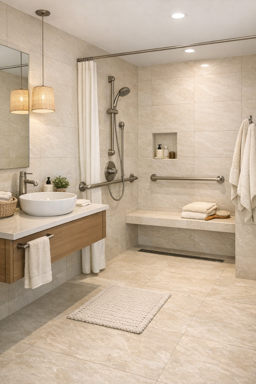 Warm ivory accessible bathroom with curbless shower and floating vanity