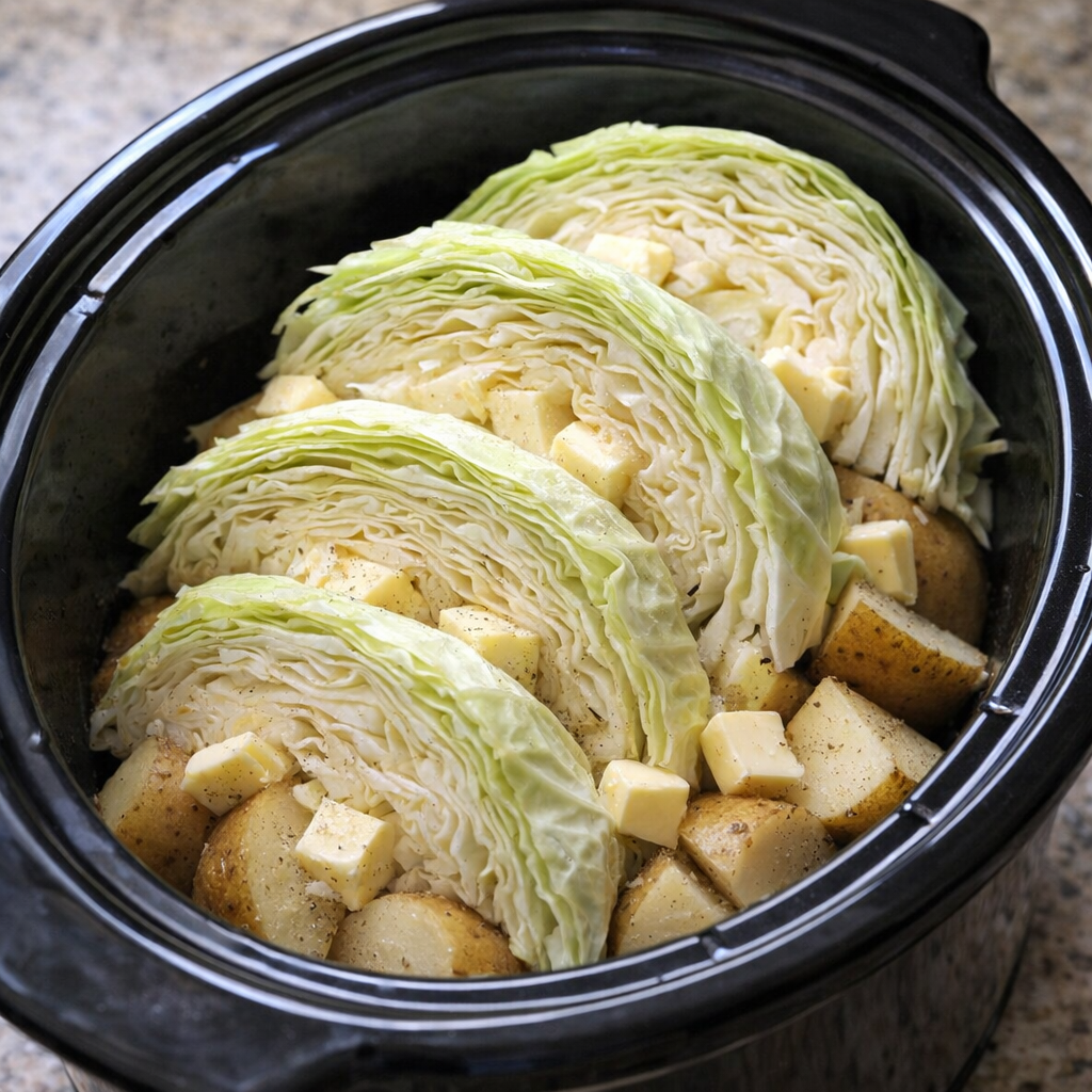 Cabbage wedges layered over potatoes inside the slow cooker