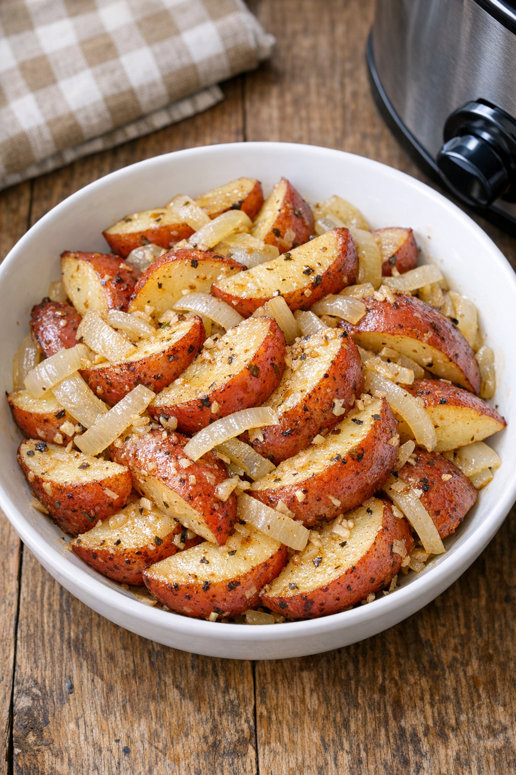 Finished slow cooker red potatoes in a serving bowl