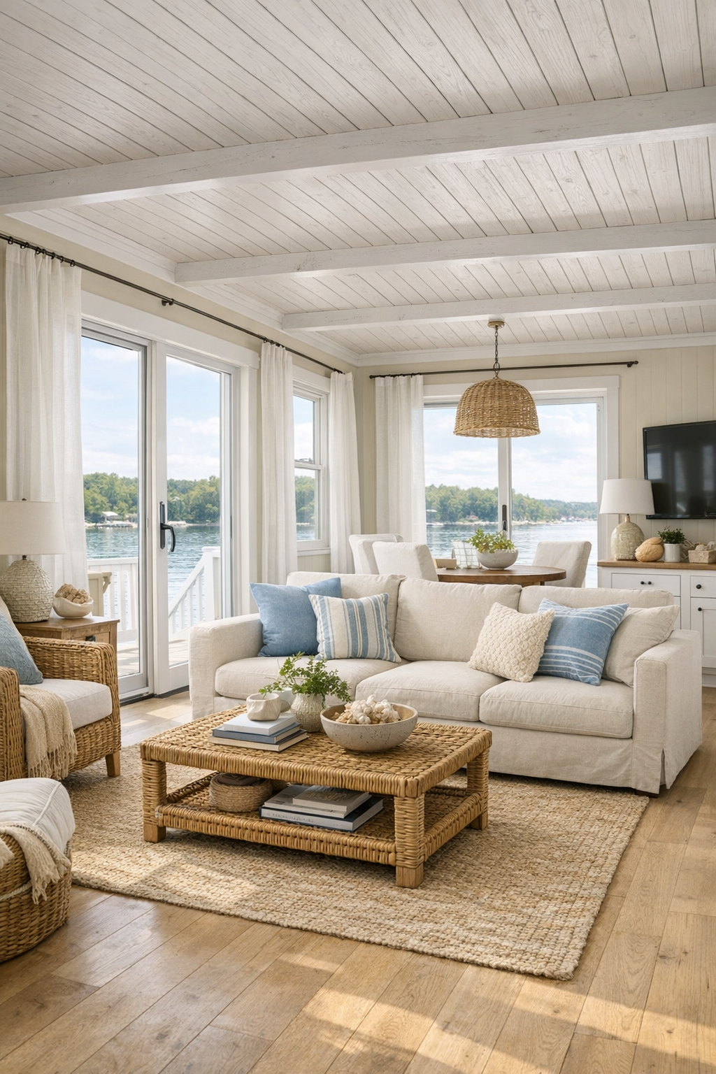 Bright southern cottage houseboat living room with soft neutral seating and water views