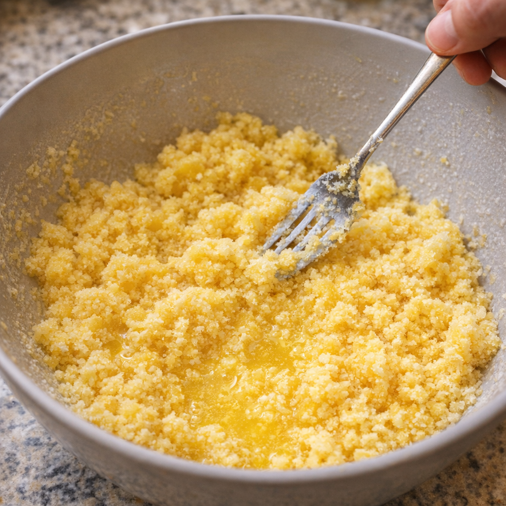 Cake mix and melted butter mixed into crumbs