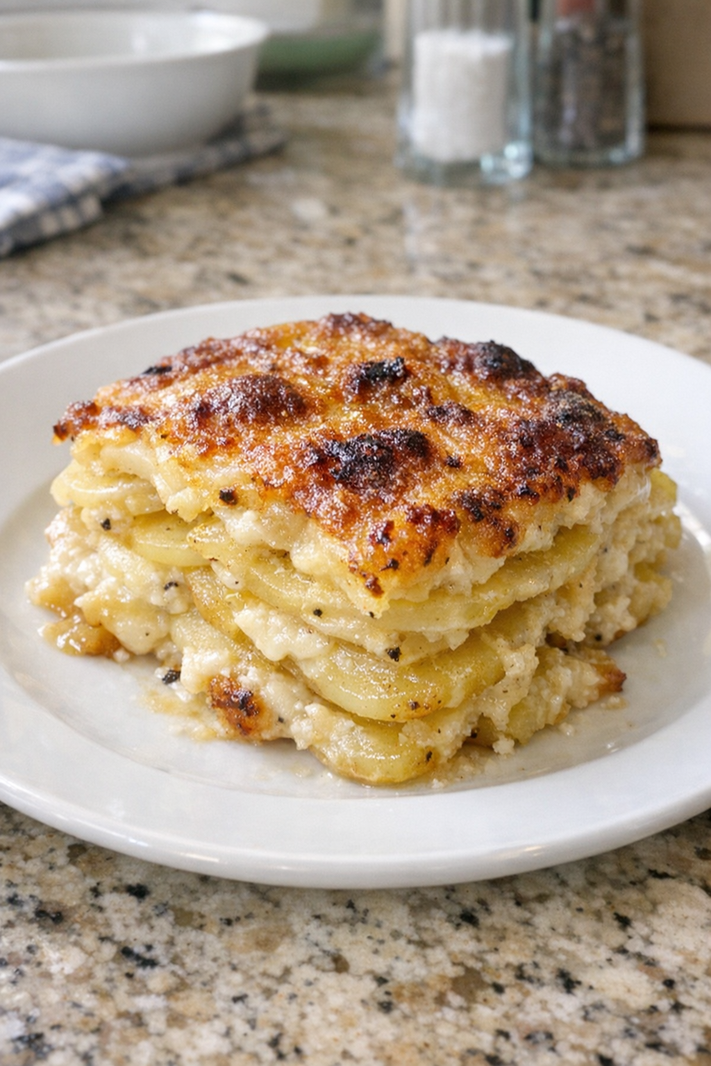 Finished plated scalloped potatoes with golden crust