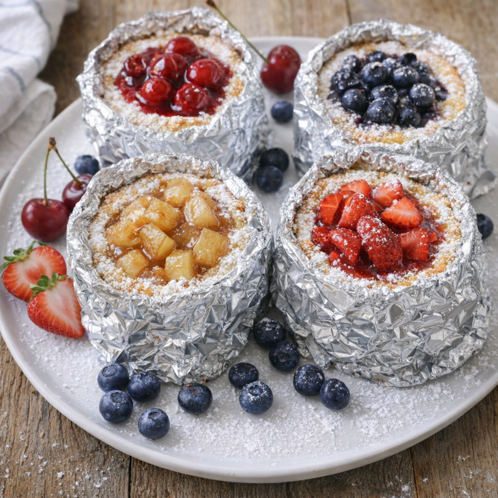 Different fruit-filled angel food cake variations on a platter