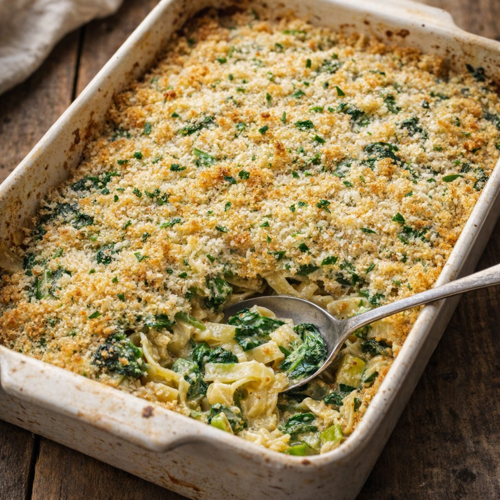 Rester af pasta primavera i en gryderet med en brun top