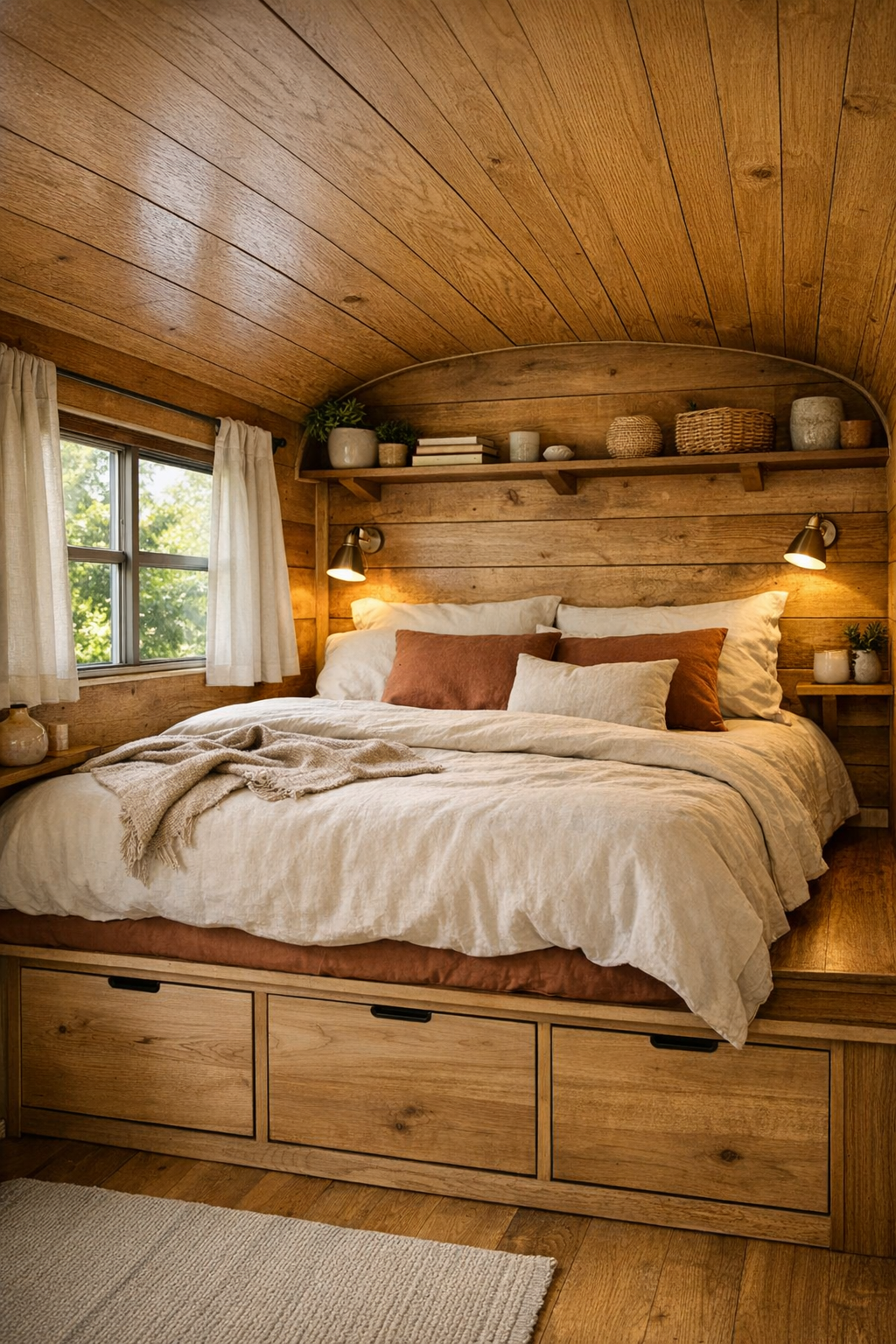 Warm and restful bus bedroom with built-in bed platform and layered linen bedding
