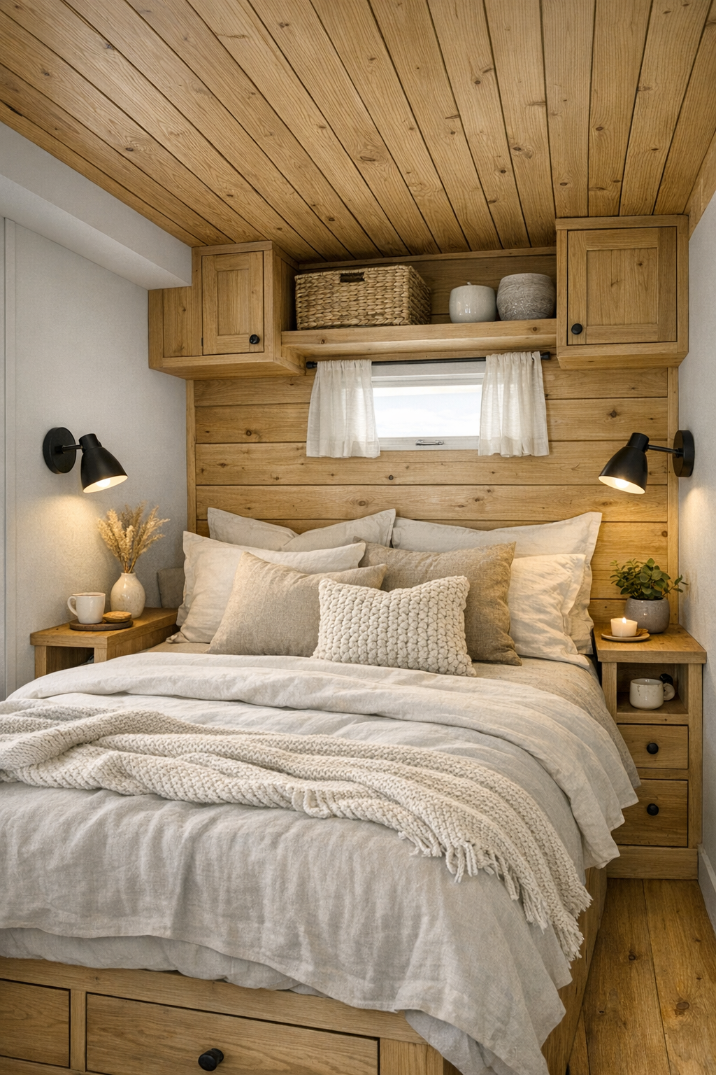 Serene tiny home bedroom with paneled wood, neutral bedding, and built-in storage