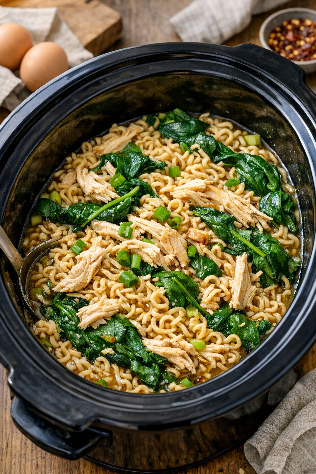 Slow cooker ramen with spinach added