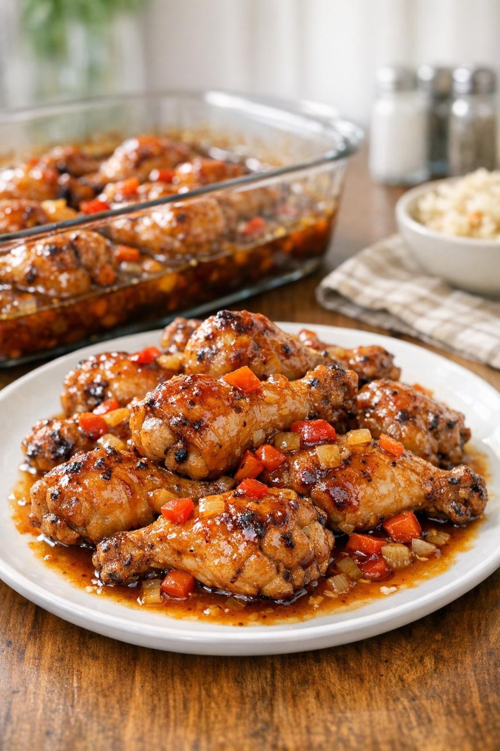Baked chicken drumettes in a glass casserole dish