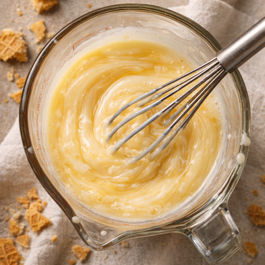 Sweetened condensed milk and butter being whisked in a glass measuring cup