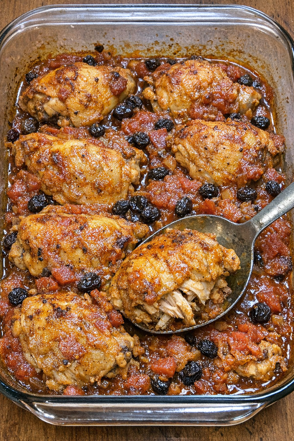 Golden chicken pieces in curry-spiced tomato sauce with raisins in a glass baking dish