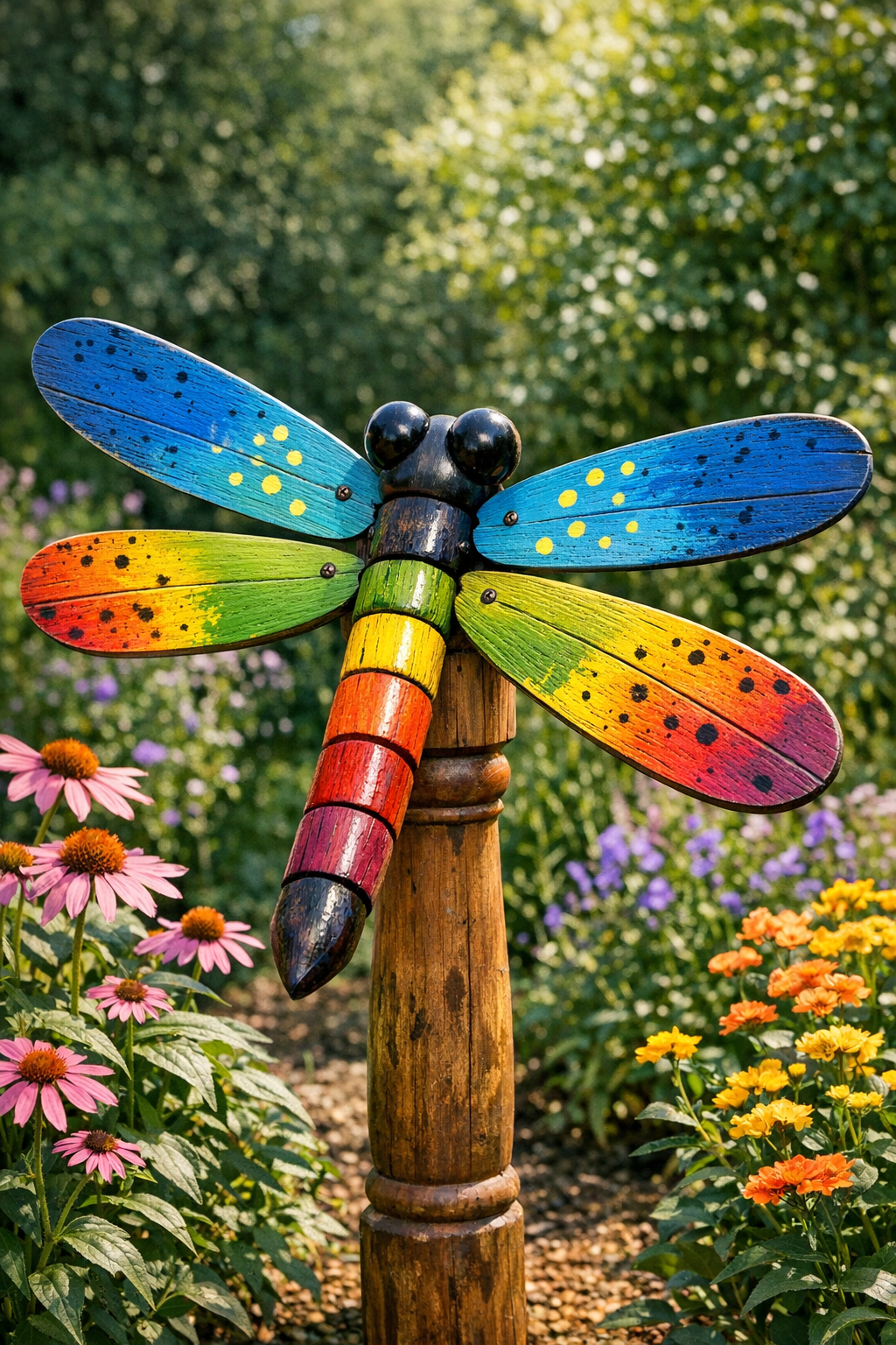 Finished giant backyard decorative dragonfly made from ceiling fan blades and a table leg