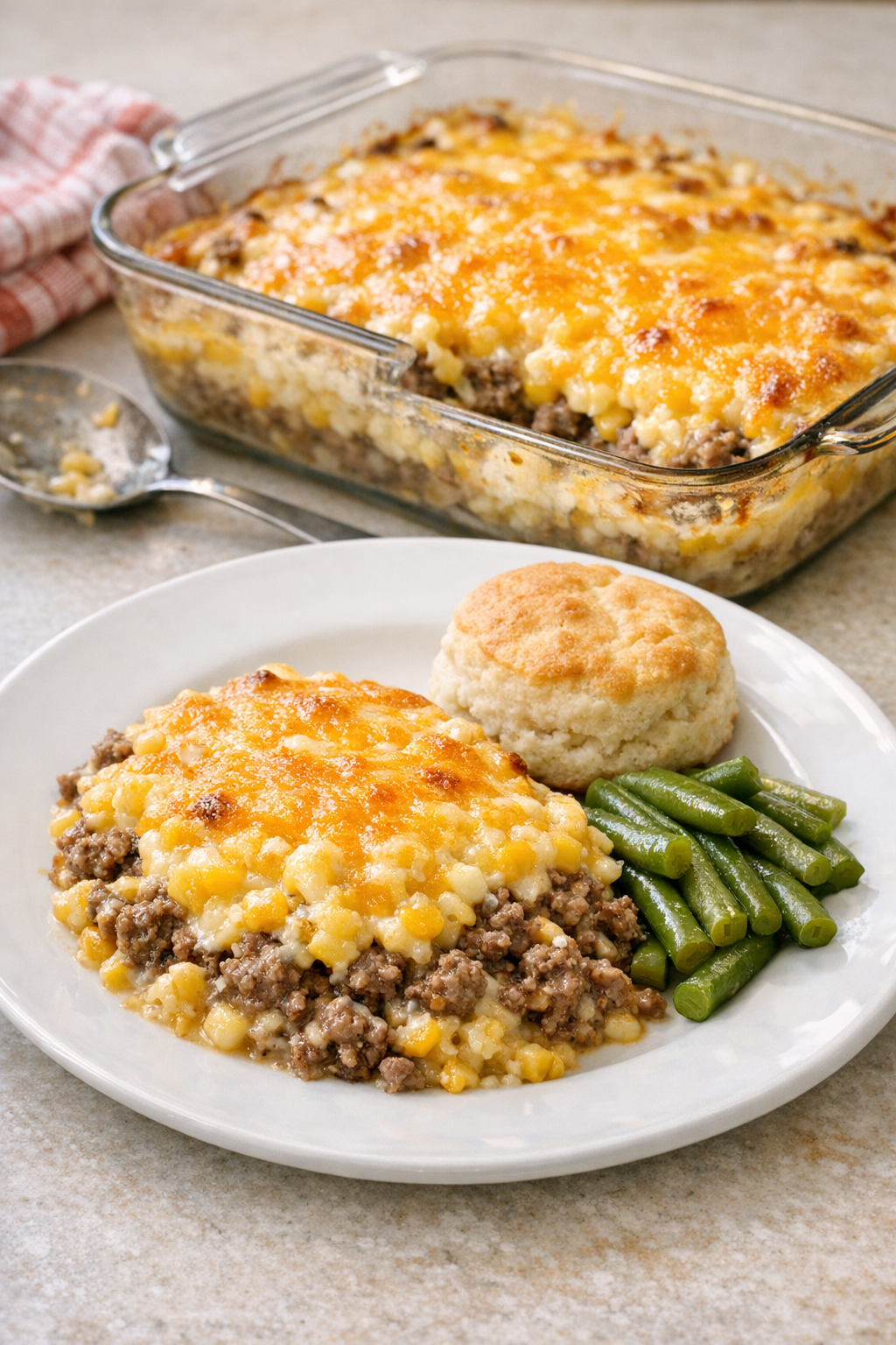 Finished Amish beef and corn bake in a rustic baking dish