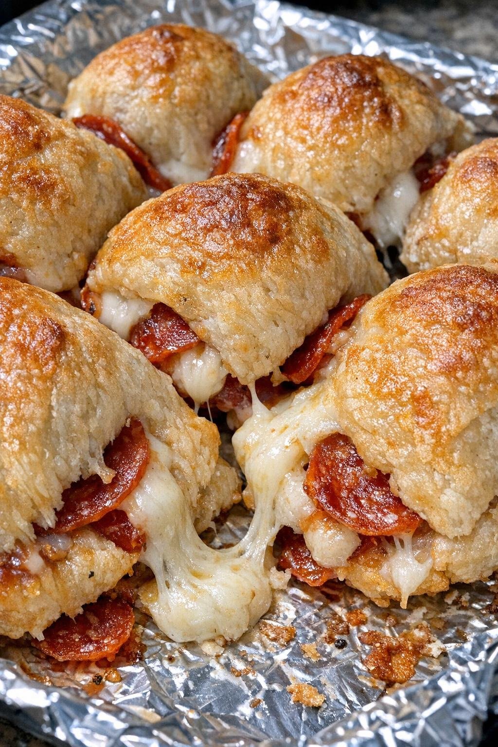 Golden brown pizza stuffed biscuits on a foil lined baking sheet