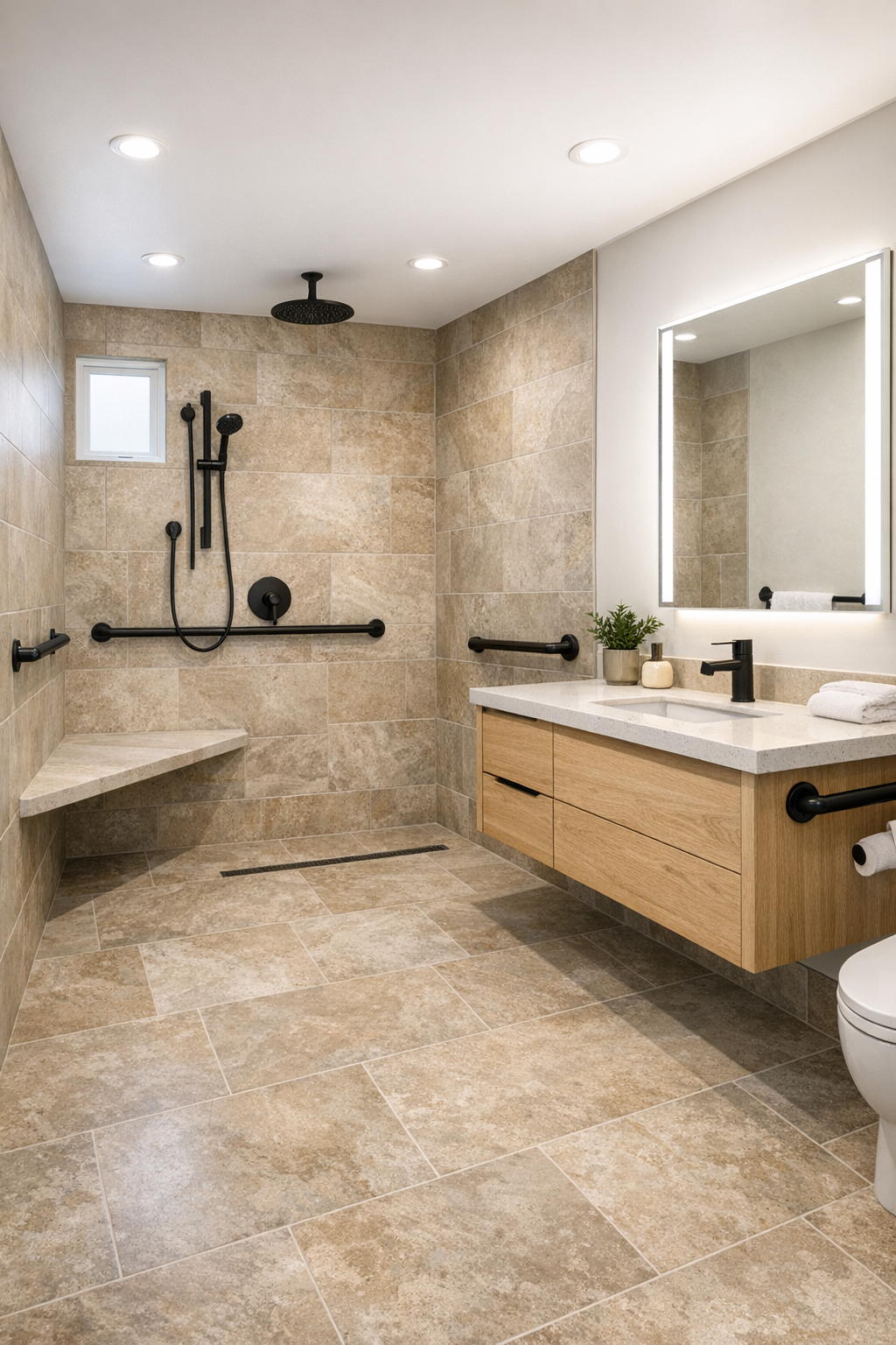 Elegant accessible bathroom with curbless shower, pale oak vanity, and warm stone tile