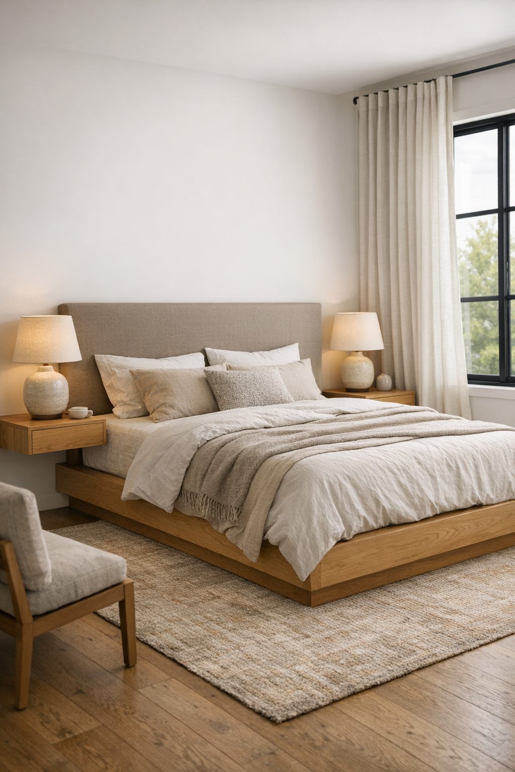 Serene bedroom with a light oak platform bed, taupe headboard, layered neutral bedding, and soft linen curtains