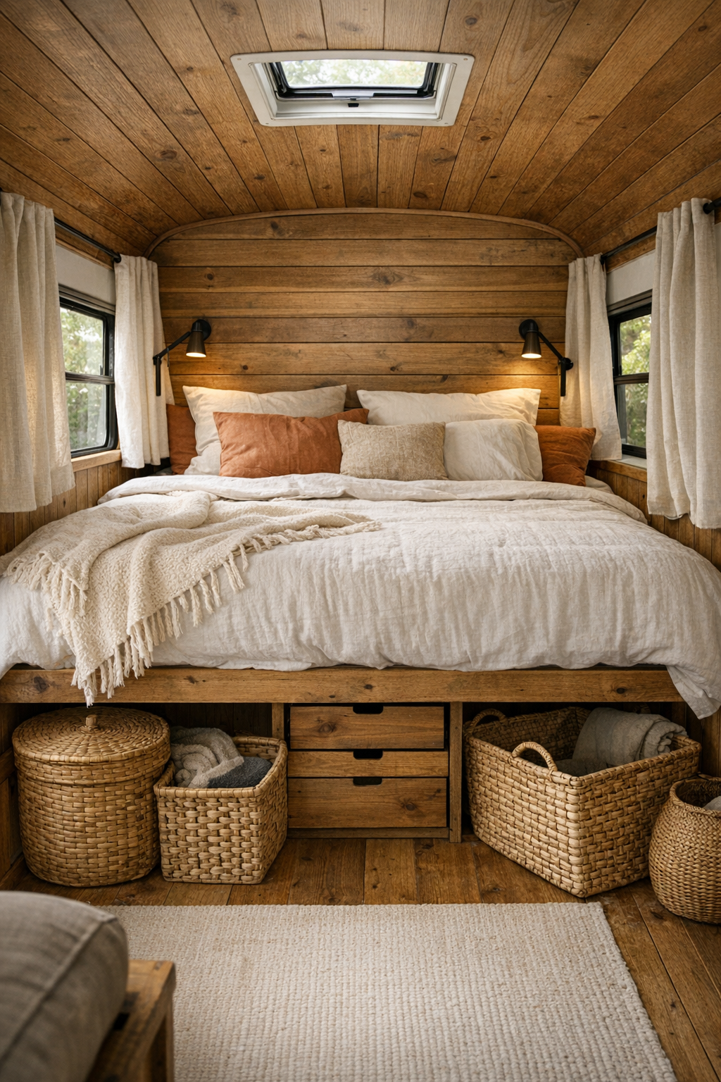 Cozy converted bus bedroom with raised bed platform and earthy linens