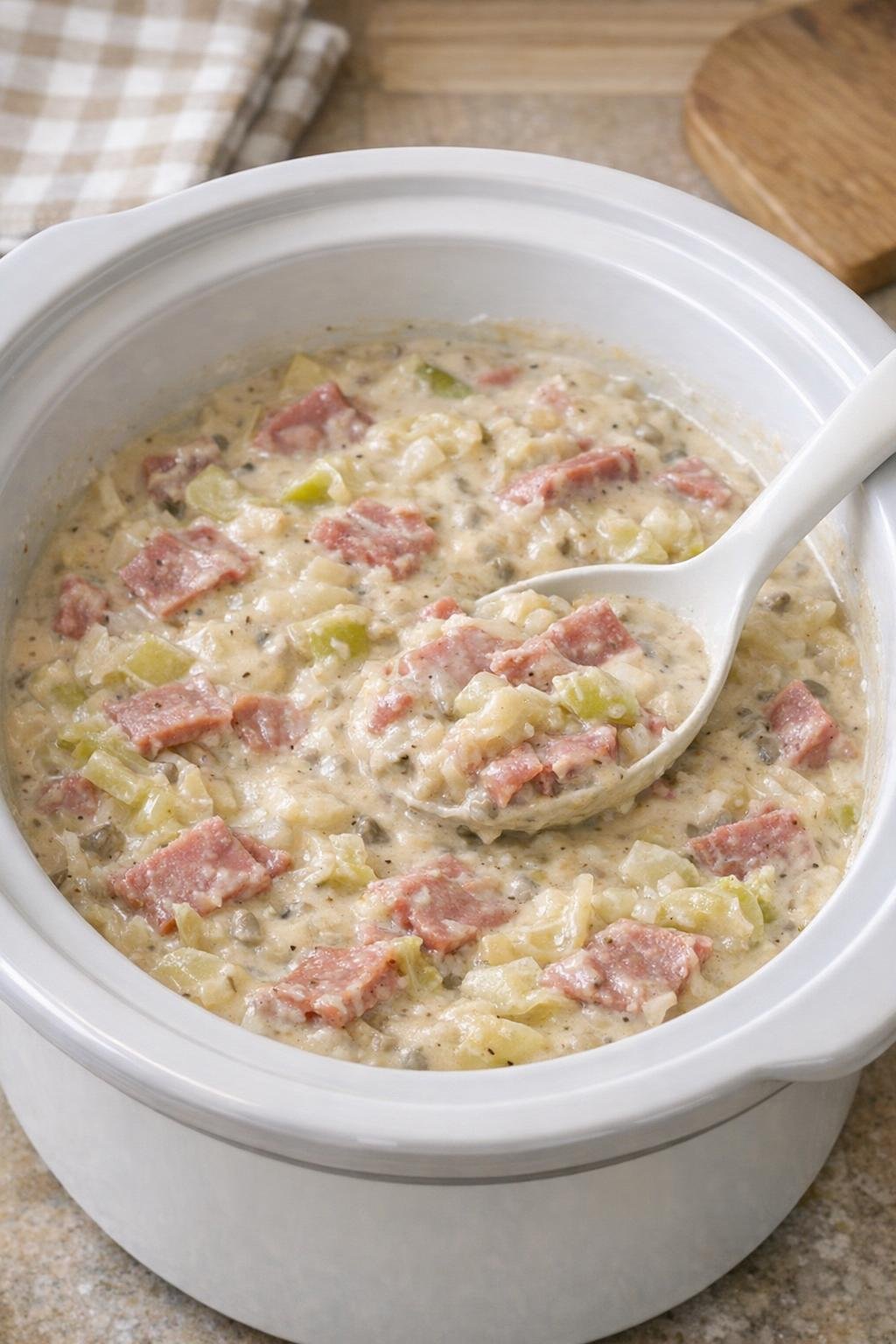 Finished creamy corned beef and cabbage dip in a white slow cooker