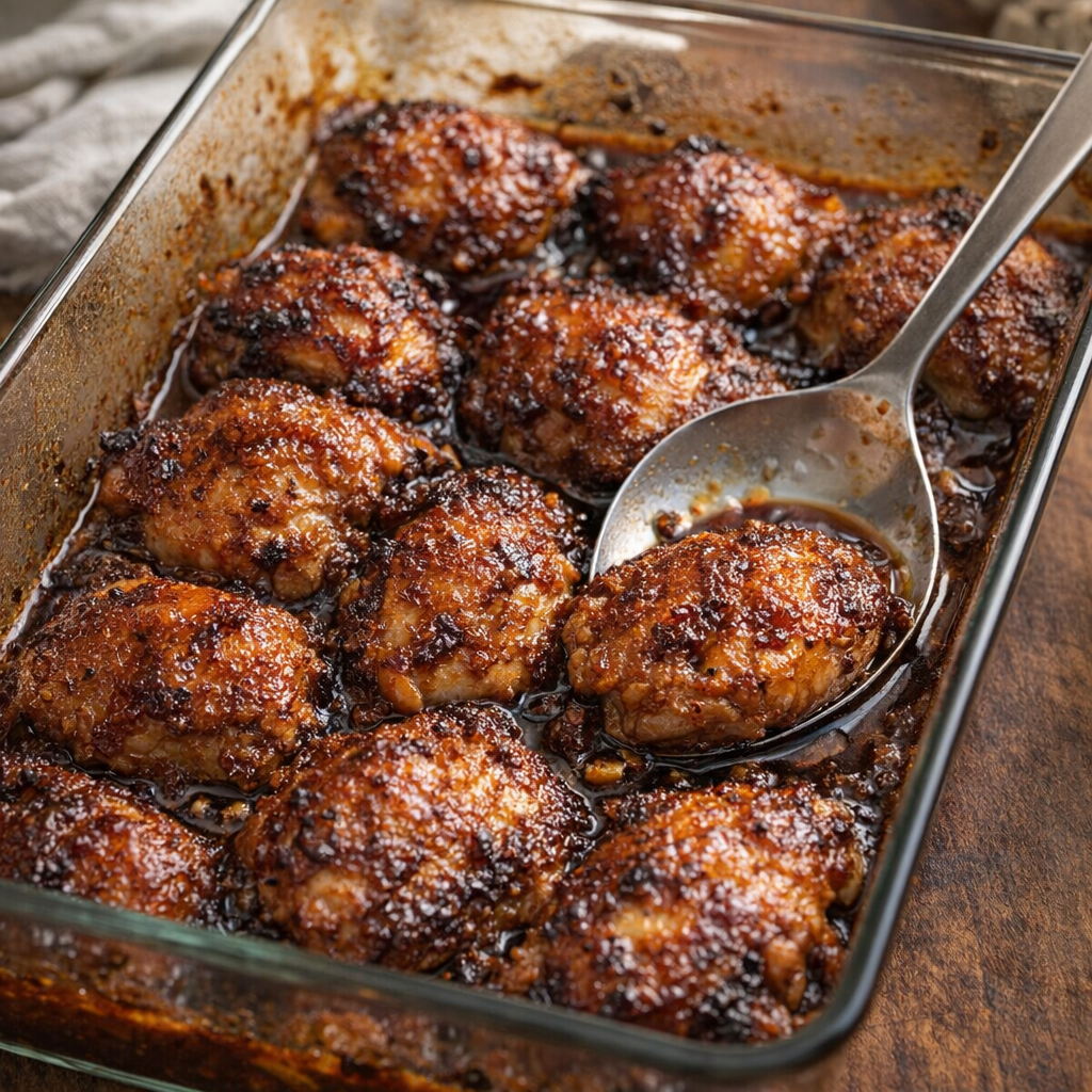 Finished glazed chicken resting in the baking dish with thickened sauce