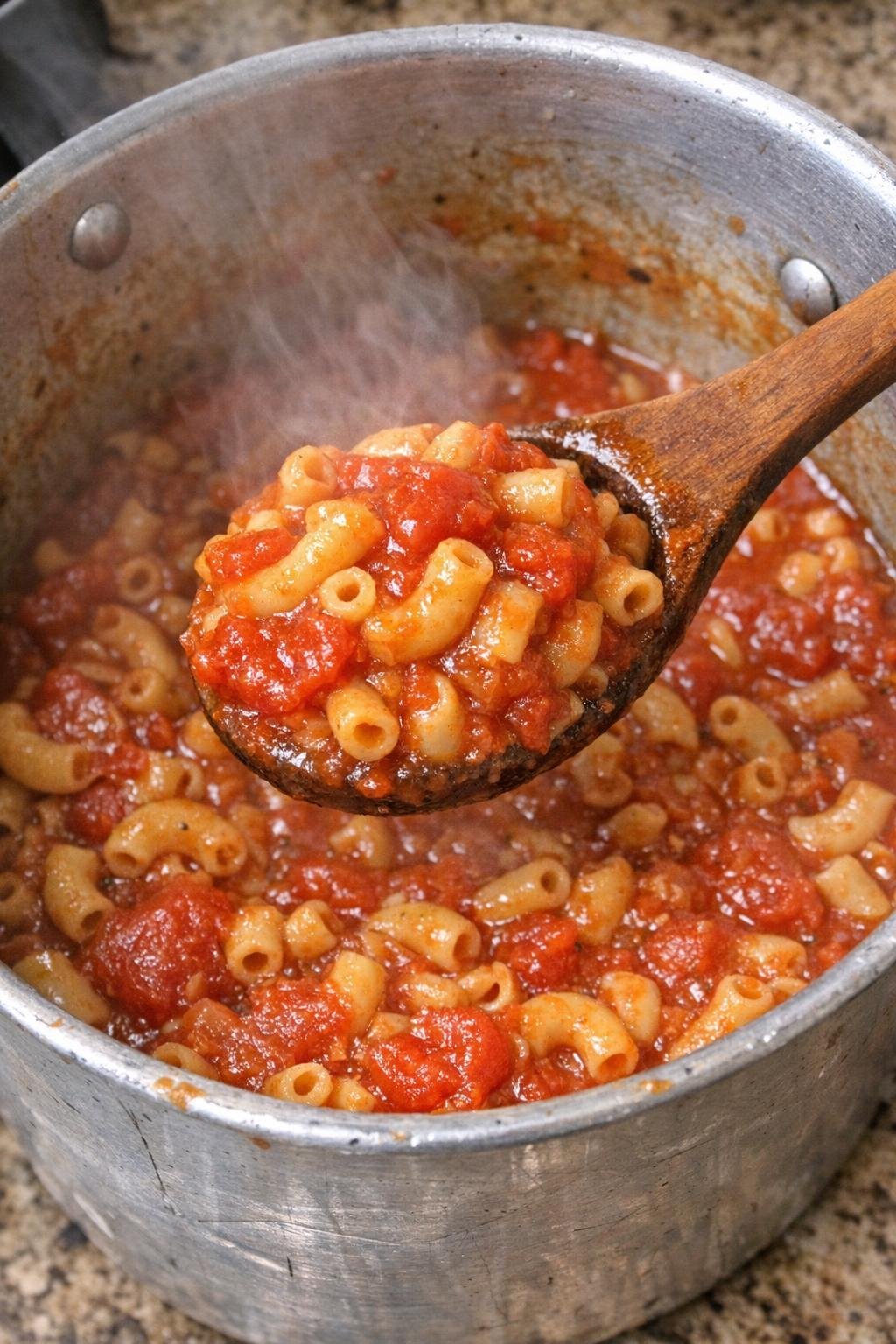 Stewed tomatoes and macaroni in a dented pot
