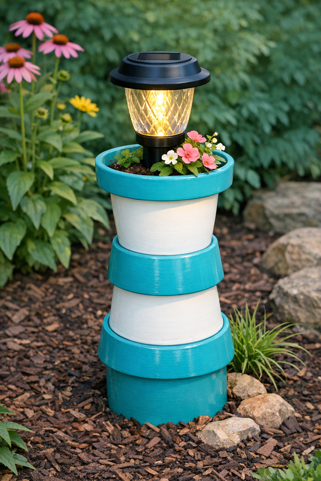 Finished DIY outdoor lantern post made from stacked painted terracotta pots and a solar lamp stake