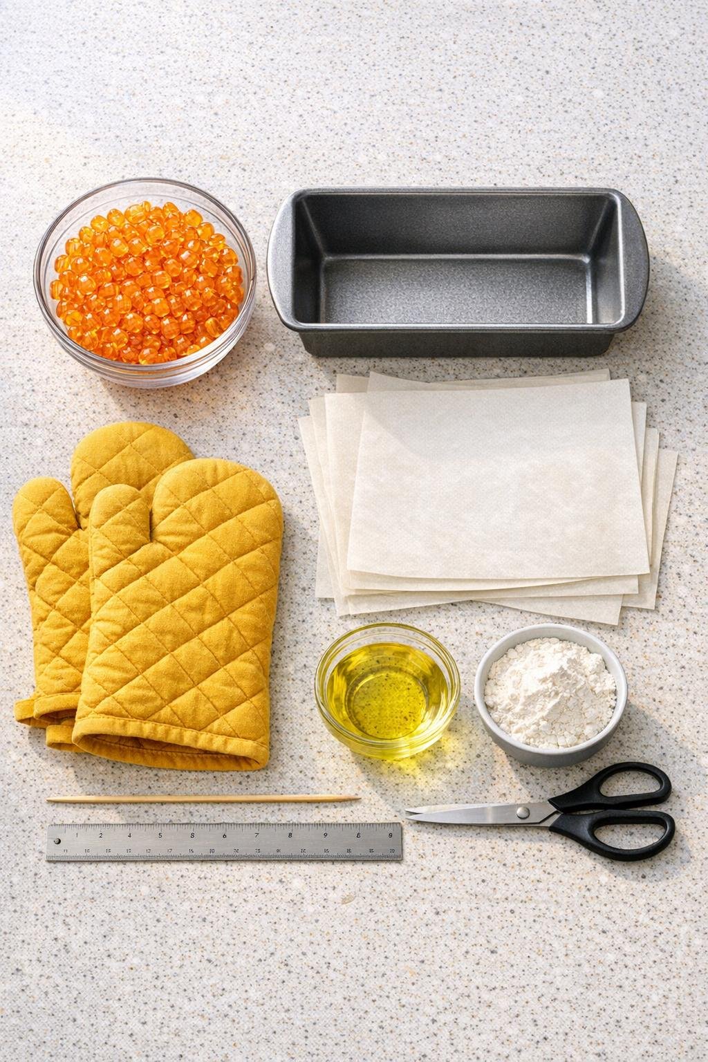 Orange pony beads, loaf pan, parchment paper, and pantry items arranged for the project