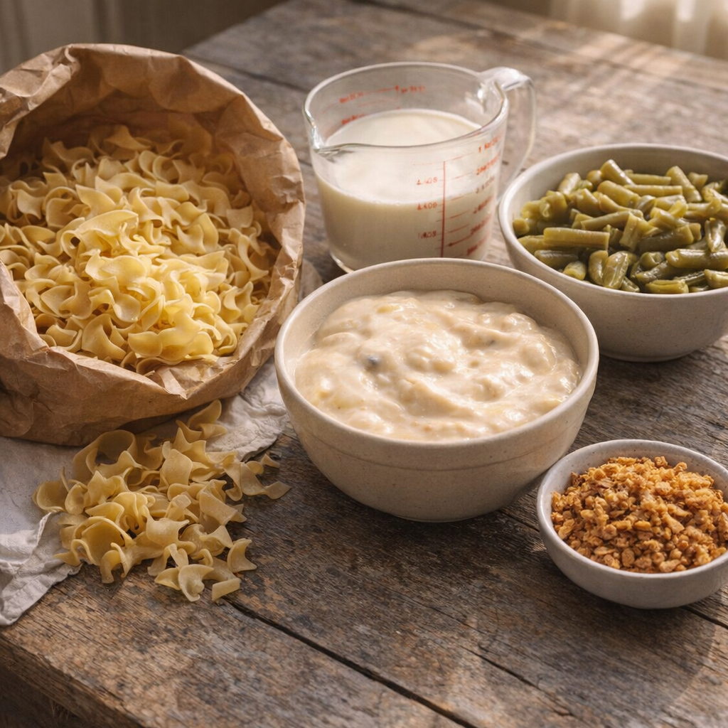 Casserole ingredients arranged on a farmhouse table
