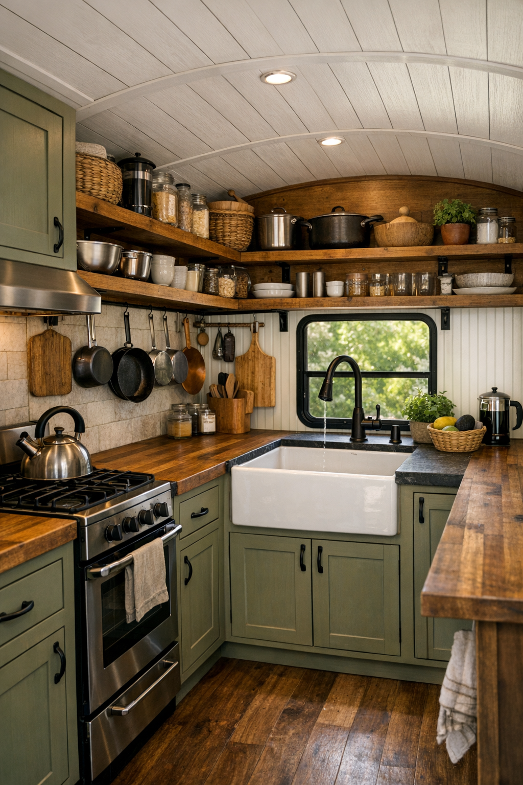 Compact off-grid bus kitchen with sage cabinetry and butcher block counters