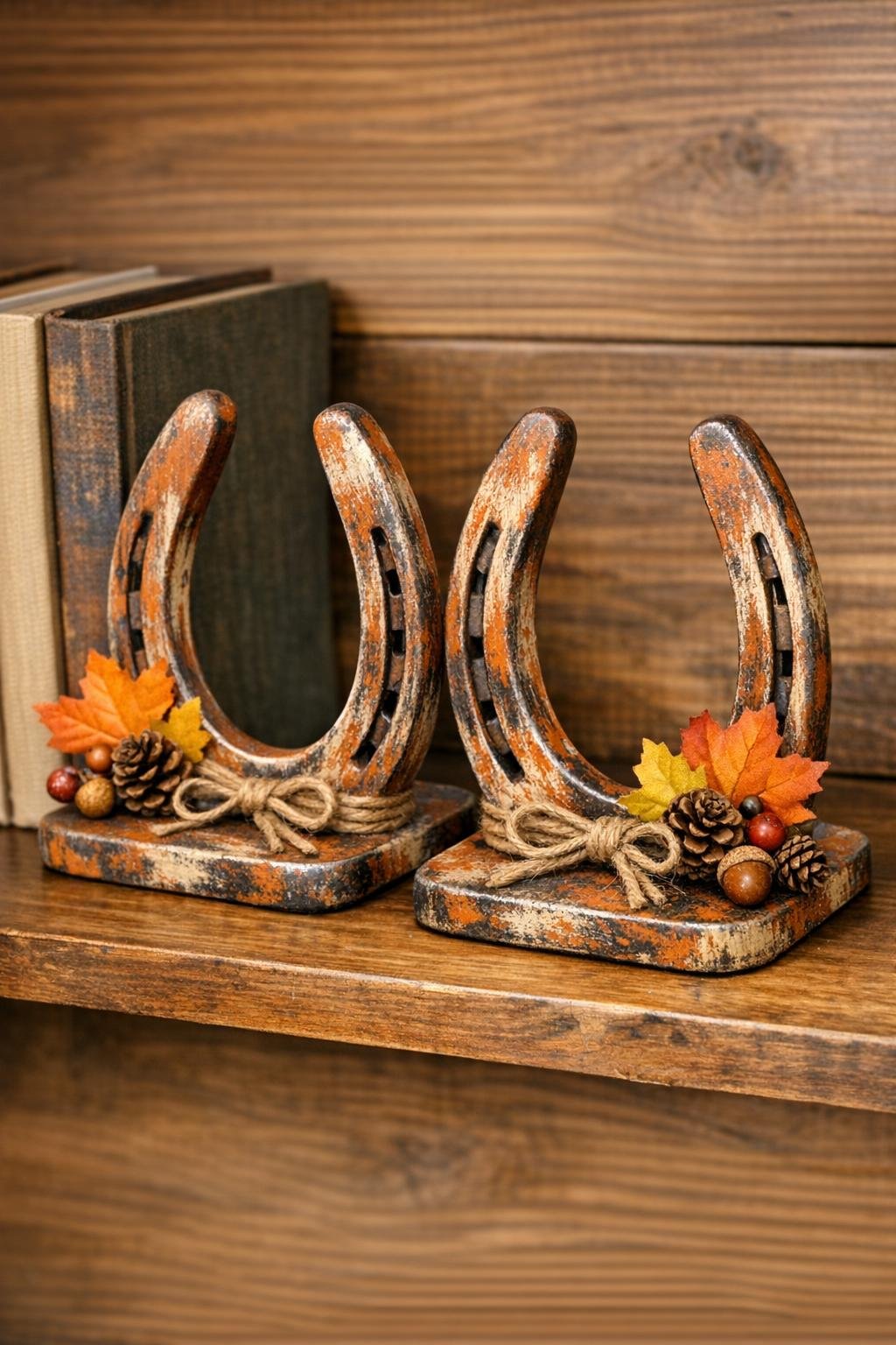 Finished autumn bookends made from old metal horseshoes